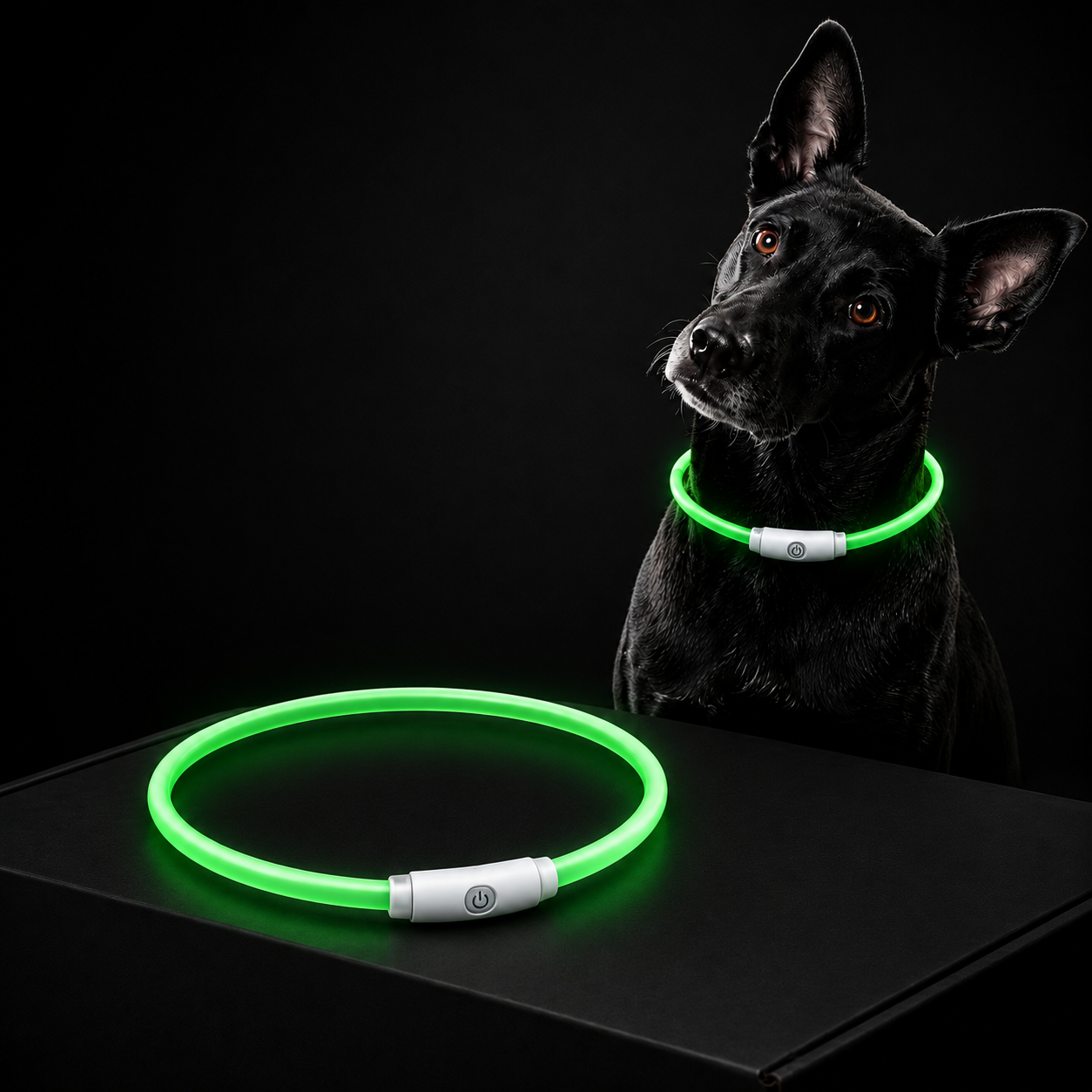 Dog wearing a green LED collar on a black background