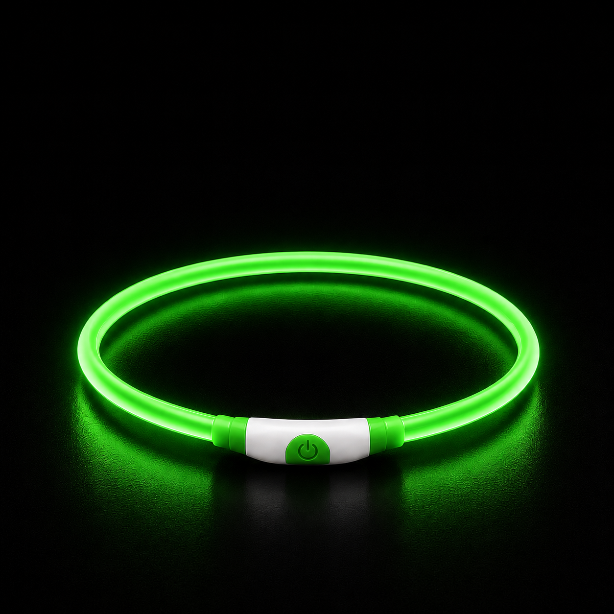 Glowing green dog collar on a black background