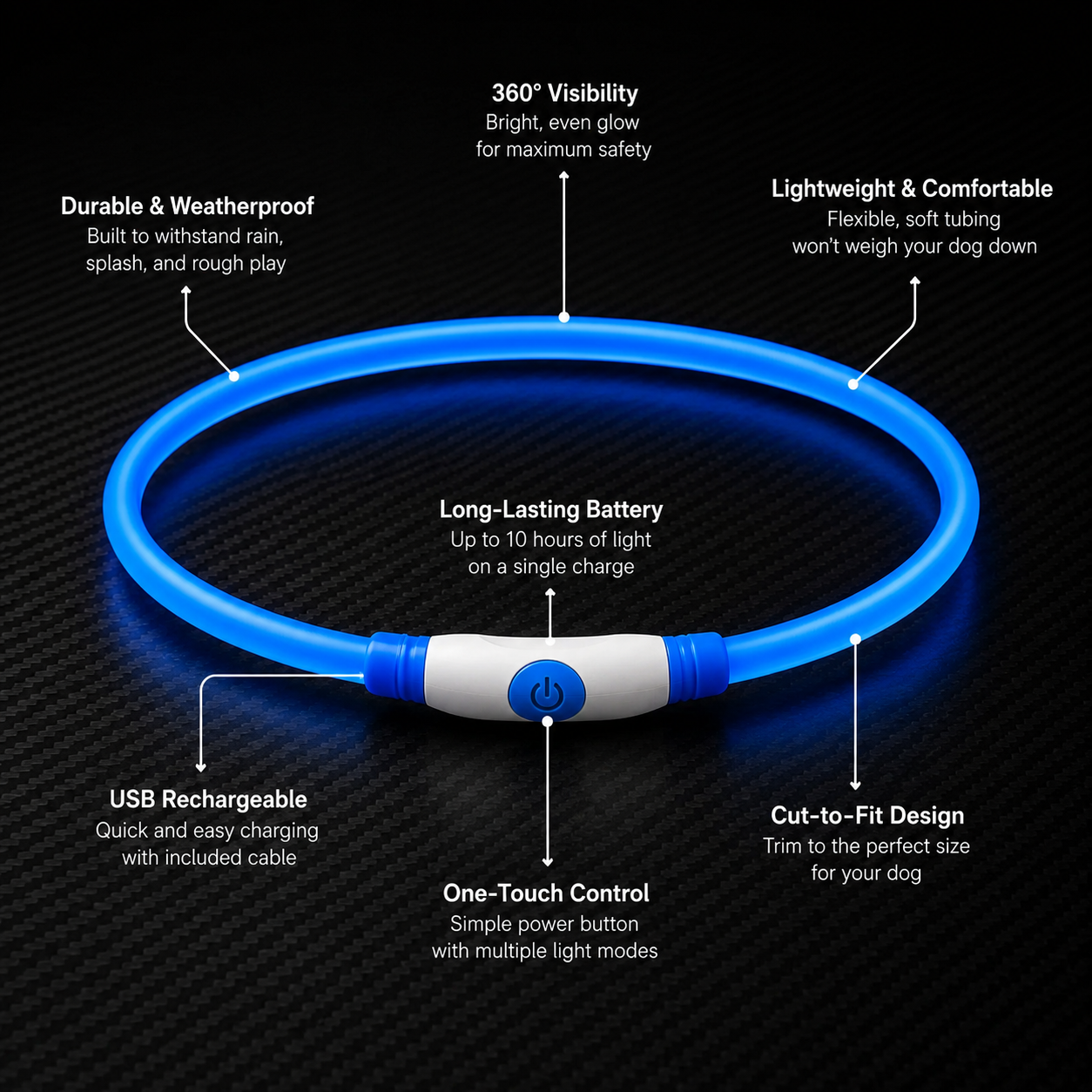 Blue LED dog collar with features highlighted on a black background