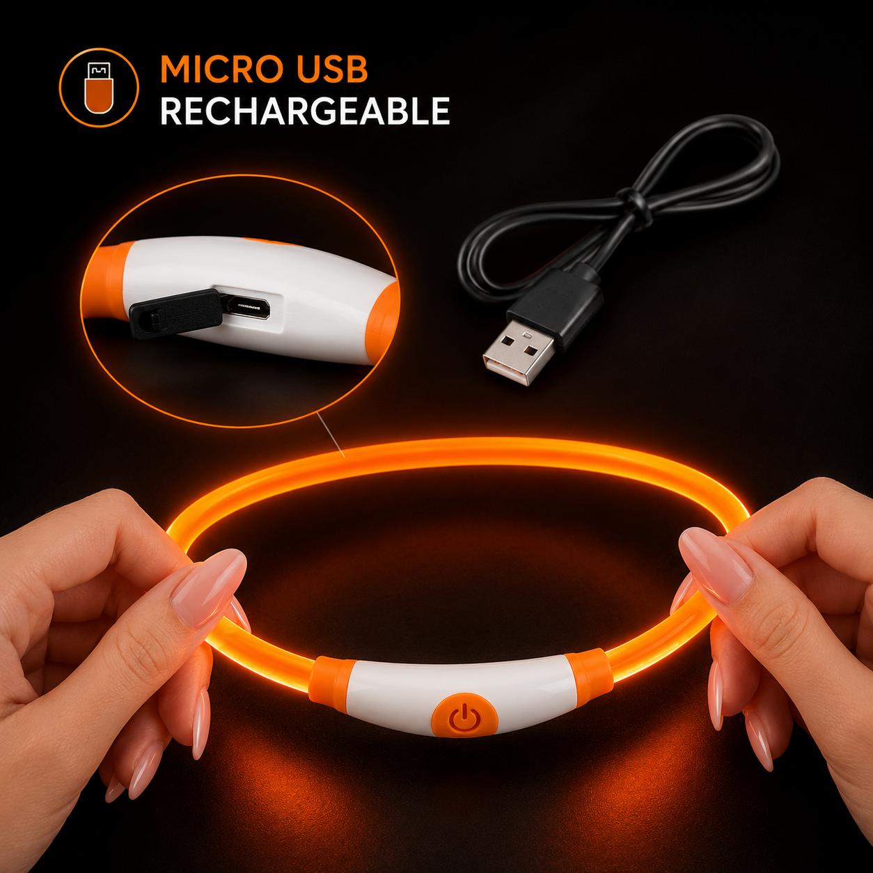 Micro USB rechargeable LED cable with hands holding it on a dark background