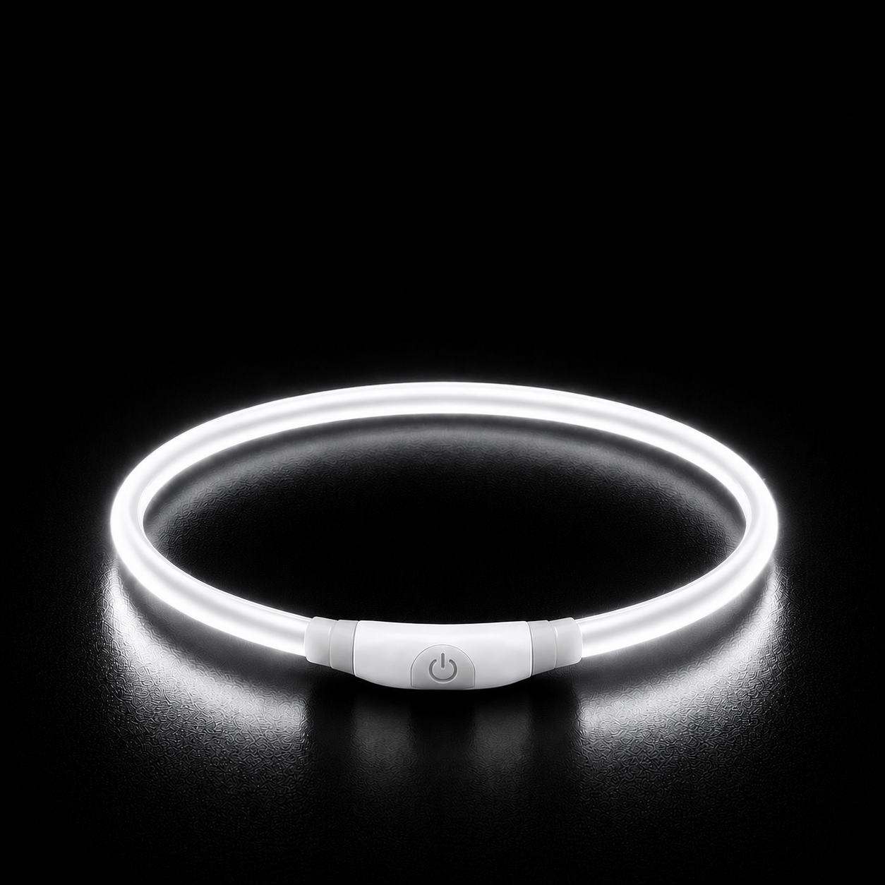 Neon light-up dog collar on a black background